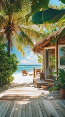 Fototapeta premium Tropical beach house with a wooden deck overlooking the ocean and white sand.