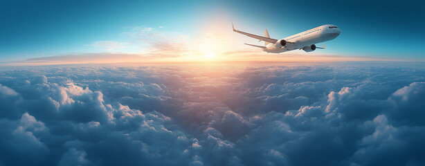 Wide angle shot of a passenger plane flying above the clouds and a clear sky, shot in high resolution ,soft style.