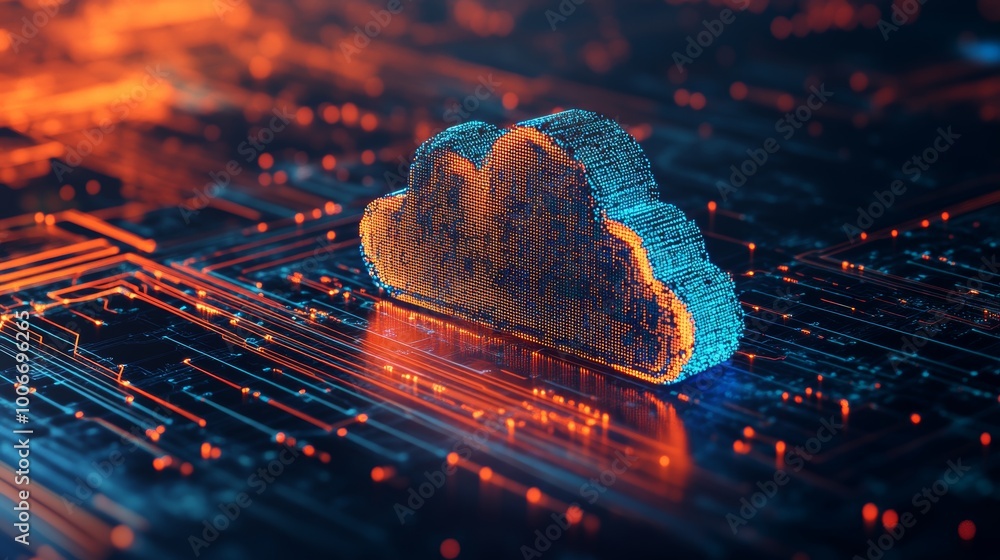 Poster a 3d cloud icon on a circuit board signifies digital connectivity and the integration of cloud techn