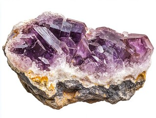 A cluster of amethyst crystals on a white background