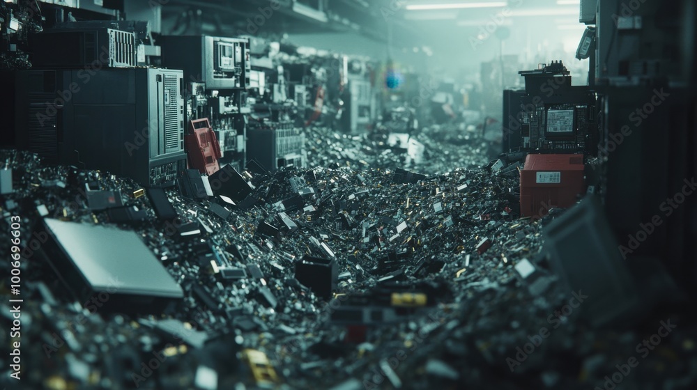 Poster realistic view of recycled electronic components, sorted for repurposing in a detailed, clean enviro