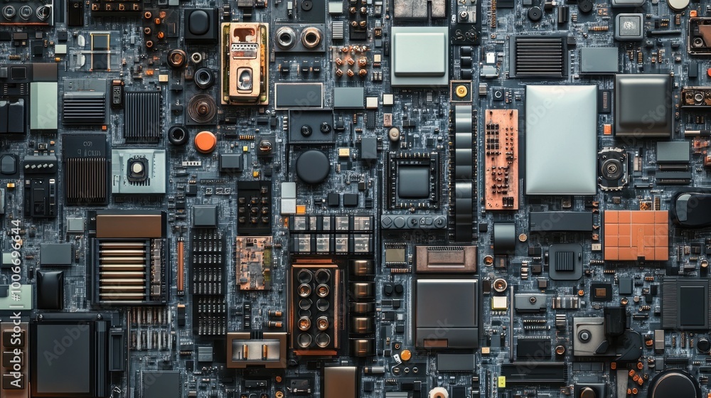 Poster realistic view of recycled electronic components, sorted for repurposing in a detailed, clean enviro