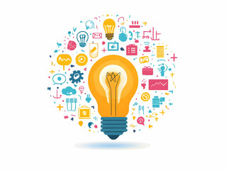 Flat Light Bulb on White Background with Holographic Growth Symbols and Handshake Icons - Concept for Ideas and Collaboration in Smart Business Illustration