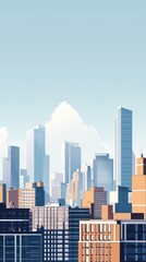 Fototapeta premium Vibrant city skyline with modern buildings and a clear blue sky, showcasing urban architecture and a lively atmosphere.