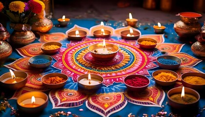Diwali Celebration with Candles and Rangoli