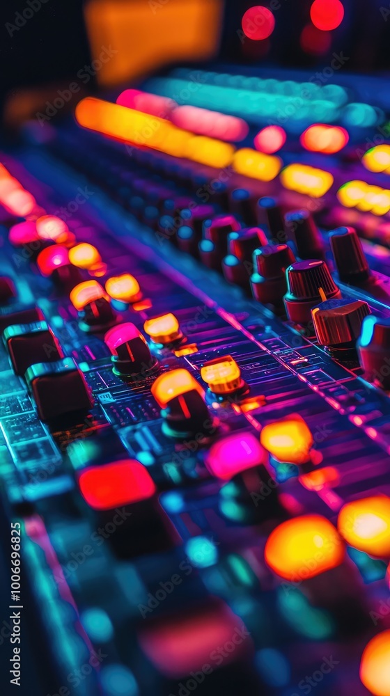 Poster vibrant close-up of a sound mixing console featuring colorful buttons and illuminated controls in a 
