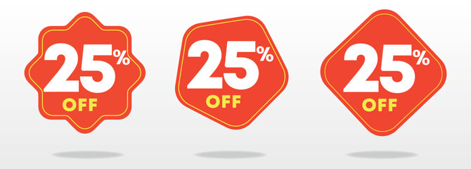 25% off. Special offer label, price, value, sticker. Business, promotion. Sales, store, shop, ads. Discount percentage poster. Red, yellow. Set, icon, vector