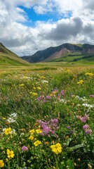 Vibrant wildflower meadow under a bright blue sky with mountains in the background, showcasing nature's beauty and serenity.