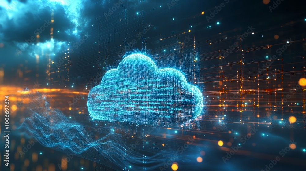 Poster a digital depiction of a cloud surrounded by glowing particles, symbolizing modern data and tech inn