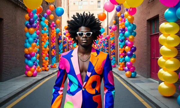 In a lively urban setting, a figure dons a strikingly colorful suit while standing amid playful balloon pillars, radiating joy and creativity in the atmosphere