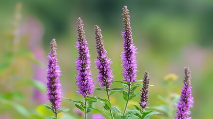 Obraz premium Purple false saw wort wildflower in a vibrant Israeli field, surrounded by greenery, with copy space and shallow depth of field.