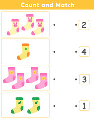 Counting educational children game. Math kids activity sheet. How many counting game with cute socks illustration.
