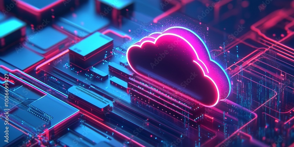 Poster neon cloud icon above a circuit board representing digital-era innovation and cloud computing techno