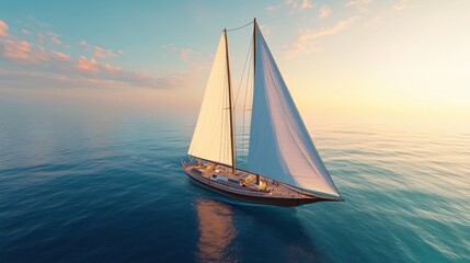 Fototapeta premium Sailing yacht with white sails billowing in golden light, gliding across turquoise waters under a cloudless sky. Realistic, highly detailed