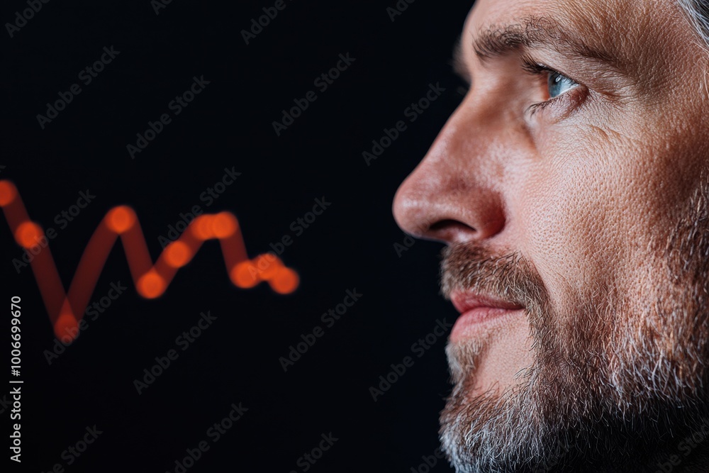 Poster close-up profile of a thoughtful man, contemplating financial trends with a chart pattern in the bac