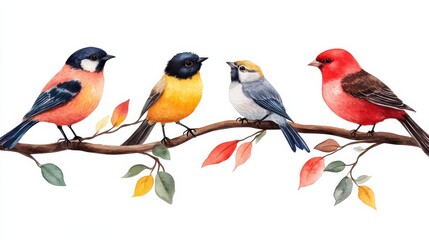 A vibrant illustration of four colorful birds perched on a branch, showcasing their unique feathers and autumn leaves in a serene setting.