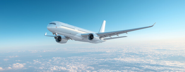 Wide angle shot of a passenger plane flying above the clouds and a clear sky, shot in high resolution ,soft style.