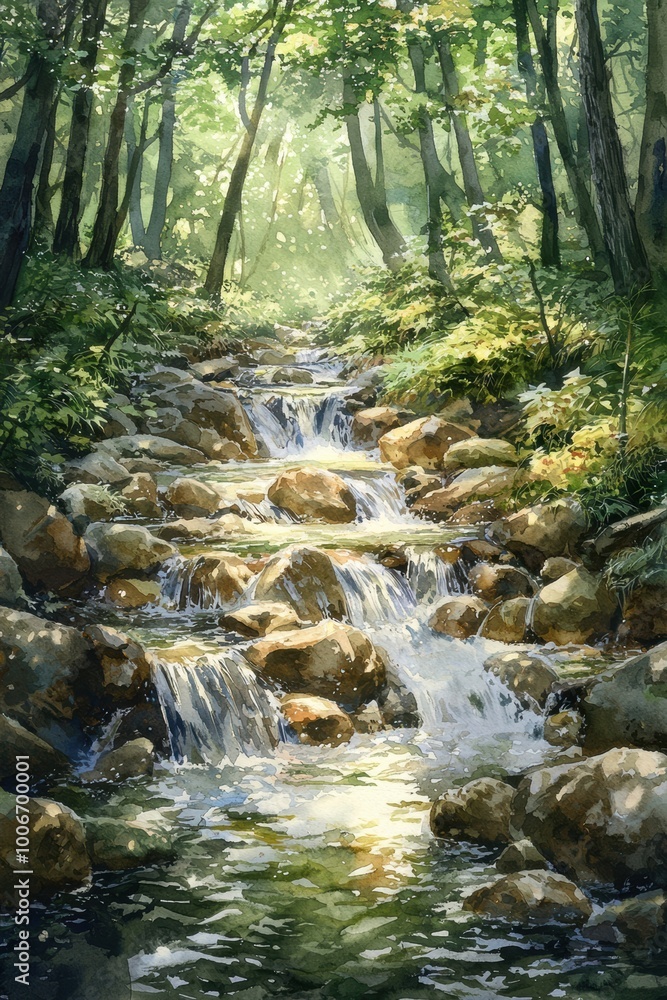 Poster a serene forest scene with a flowing stream and gentle sunlight filtering through lush greenery, cre