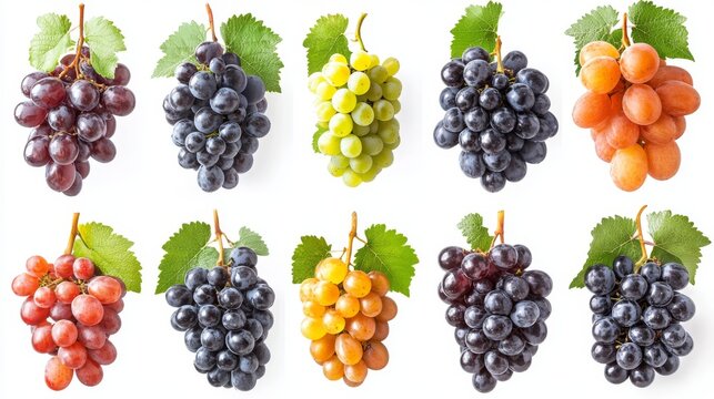 Selecci&oacute;n de racimos de uvas de diferentes colores y variedades, incluyendo uvas verdes, moradas y amarillas, organizadas sim&eacute;tricamente sobre un fondo blanco.