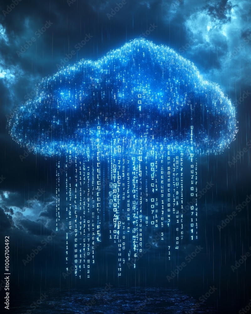 Poster a breathtaking digital cloud made of glowing binary numbers rain down, symbolizing the flow of data 