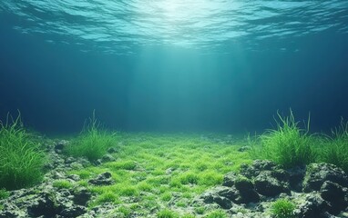 Fototapeta premium Beneath the surface, a serene underwater scene unfolds with vibrant grass and soft sunlight cascading through the water, creating a tranquil atmosphere.