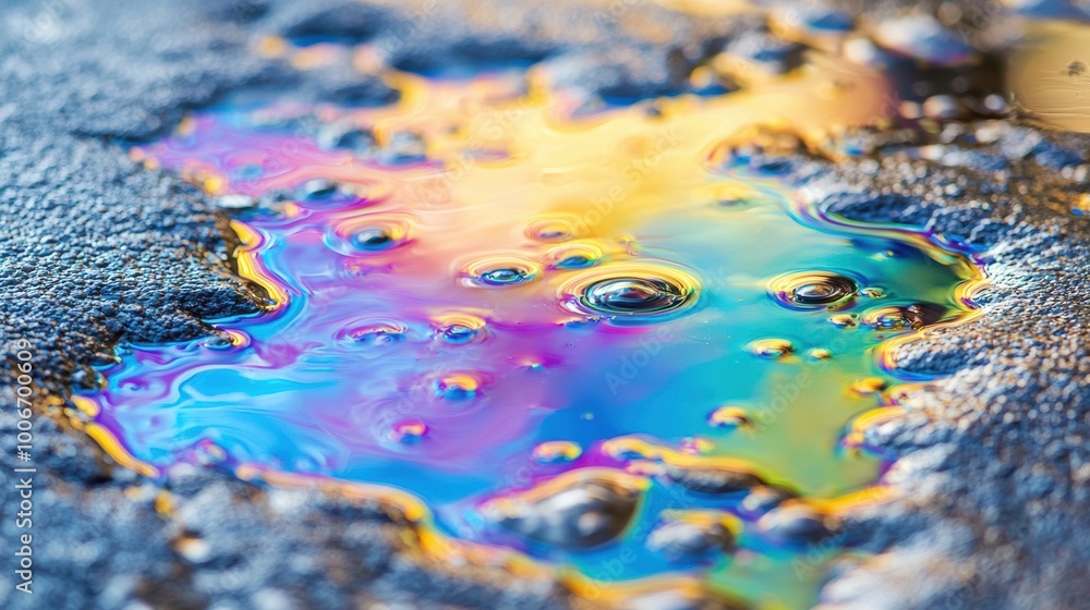 Poster a vibrant, reflective puddle showcasing a spectrum of colors and intricate textures, perfect for art