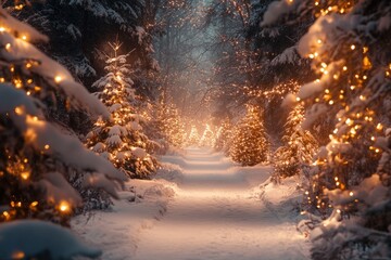 Snow falling on idyllic forest path lit with christmas lights