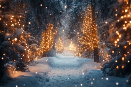 Snow falling on path lined with glowing christmas trees in forest