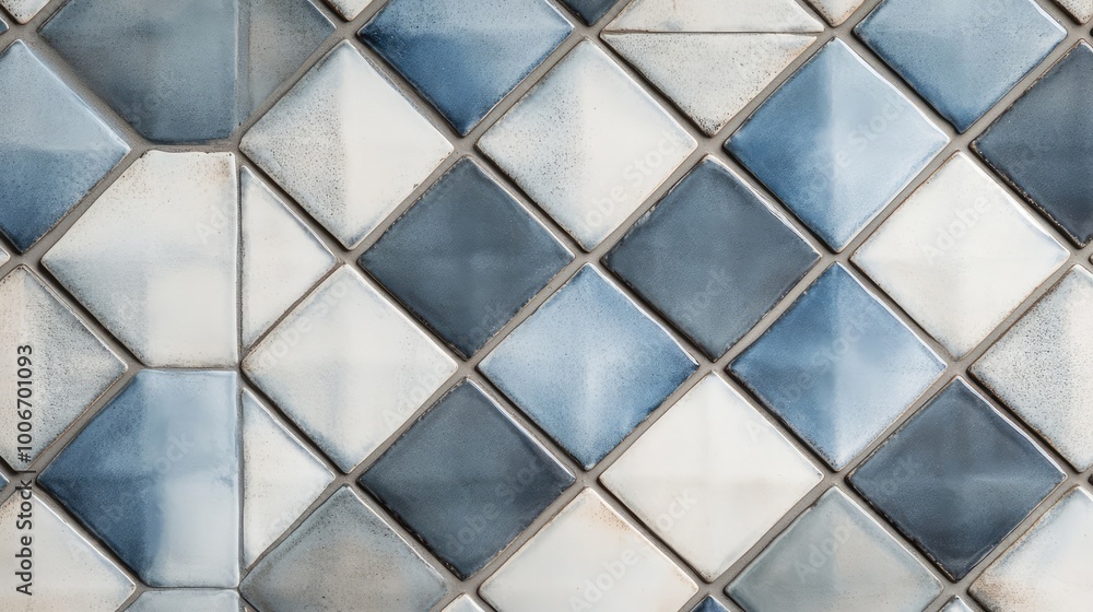 Poster a repeating tile design with interlocking diamonds in muted blue and gray, creating a modern, geomet