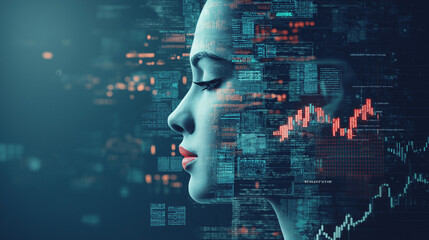 A woman's face intertwined with stacks of cash and stock market graphs, symbolizing the connection between people and money