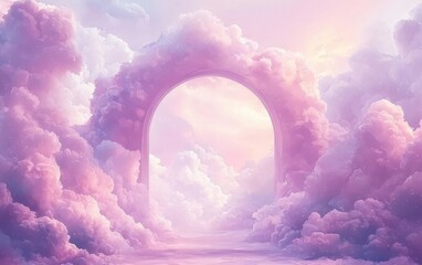 A dreamy landscape of pastel clouds, featuring a whimsical archway that leads to a serene and enchanting sky.