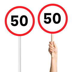 Set of speed limit sign 50 with a pole and in a person’s hand on a blank background. Ideal for...