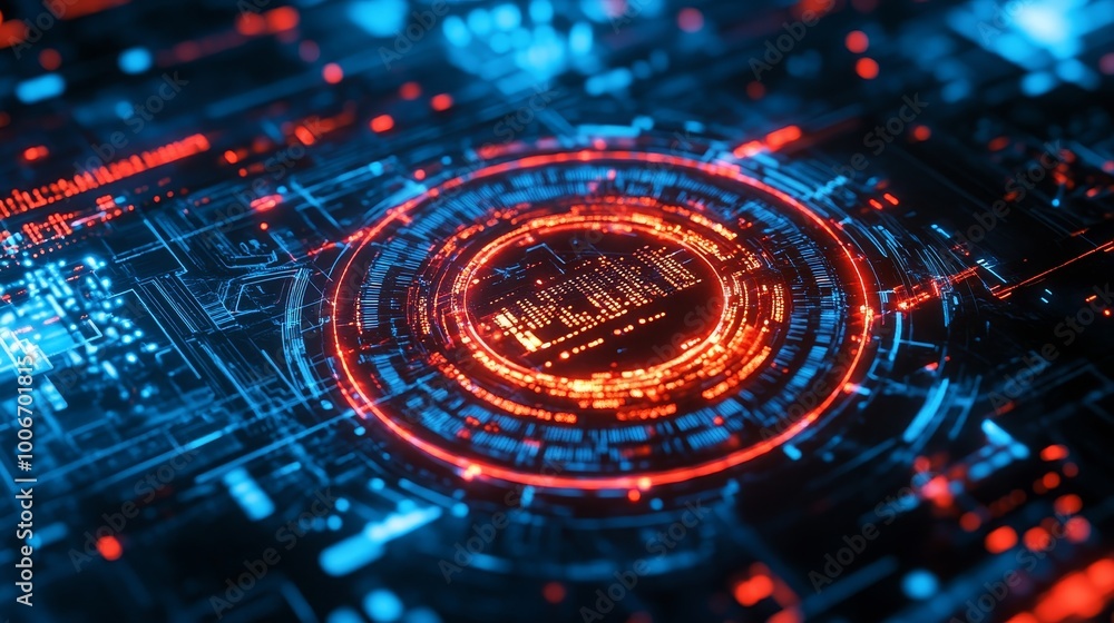 Poster a powerful digital interface with neon red and blue elements, showcasing intricate circuit patterns 