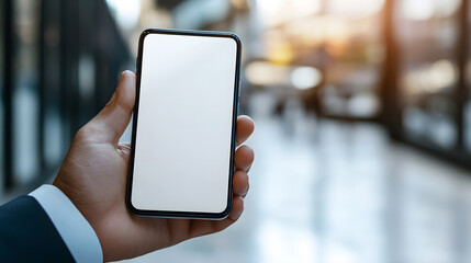 Close-up of businessman's hand holding blank white screen smartphone.