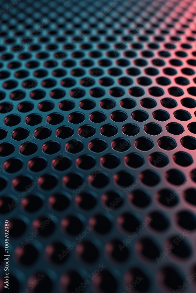 Poster close-up view of a modern, textured perforated metal surface displaying intricate patterns in vibran