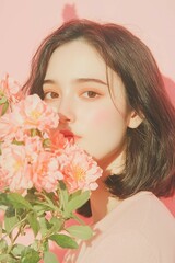Fototapeta premium Soft Portrait of a Woman with Pink Flowers and Delicate Expression