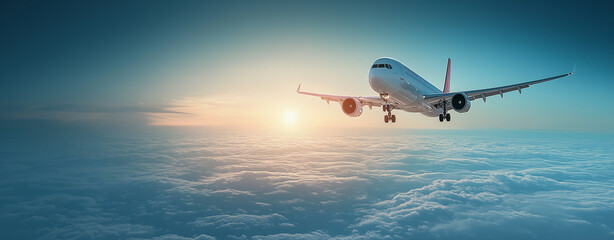 Wide angle shot of a passenger plane flying above the clouds and a clear sky, shot in high resolution ,soft style.