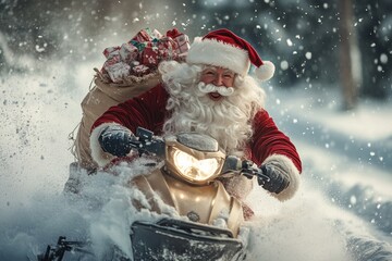 Santa claus riding snowmobile delivering christmas presents