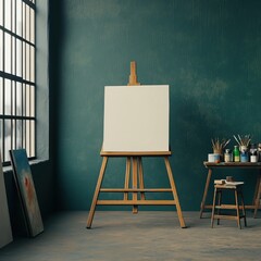 An artist's workspace featuring an easel, blank canvas, and paint supplies against a textured green wall.