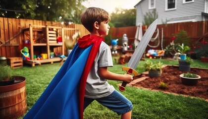 a little boy in a raincoat, with a toy sword in his hand, is playing the defender of goodness