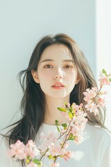Fototapeta premium Soft Portrait of a Woman with Pink Flowers and Delicate Expression