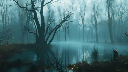 Mysterious and misty swamp landscape with eerie fog and twisted trees, fog, mist, swamp. Eerie Swamp. Illustration