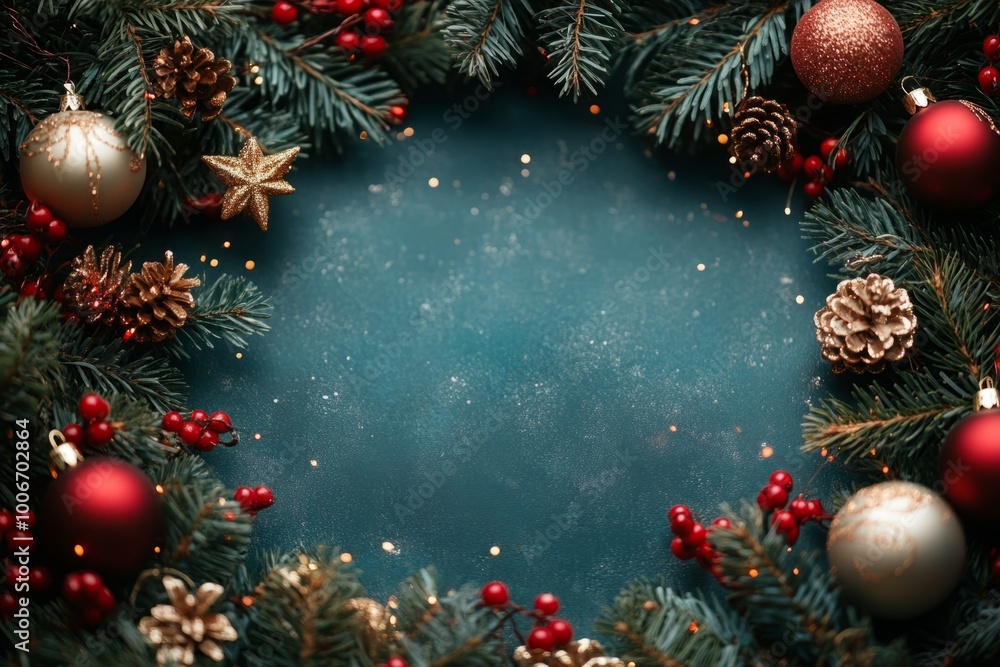 Poster christmas tree branches with ornaments creating a frame on blue background