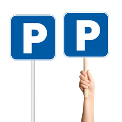 Set of Parking sign with a pole and in a person’s hand on a blank background. Suitable for...
