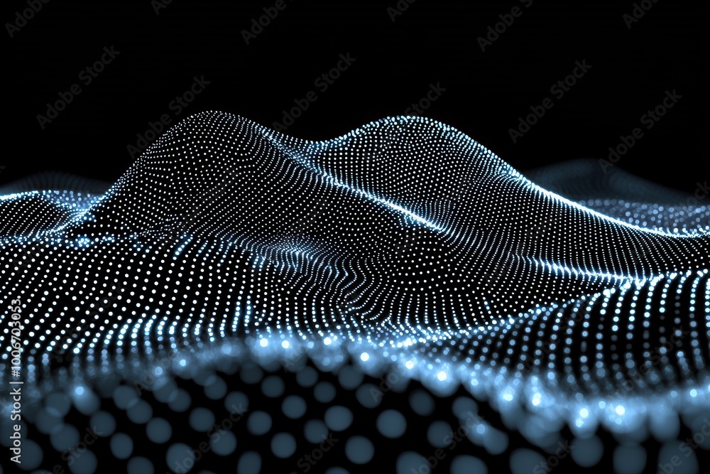 Poster a mesmerizing digital landscape featuring glowing dots creating waves and patterns against a dark ba
