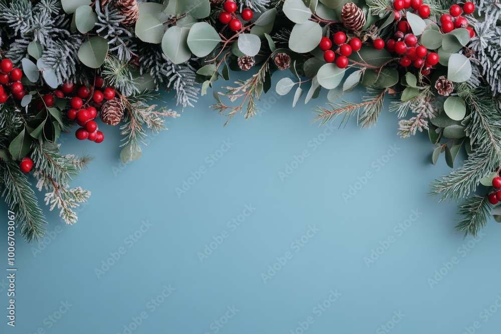 Poster christmas tree branches with ornaments creating a frame on blue background