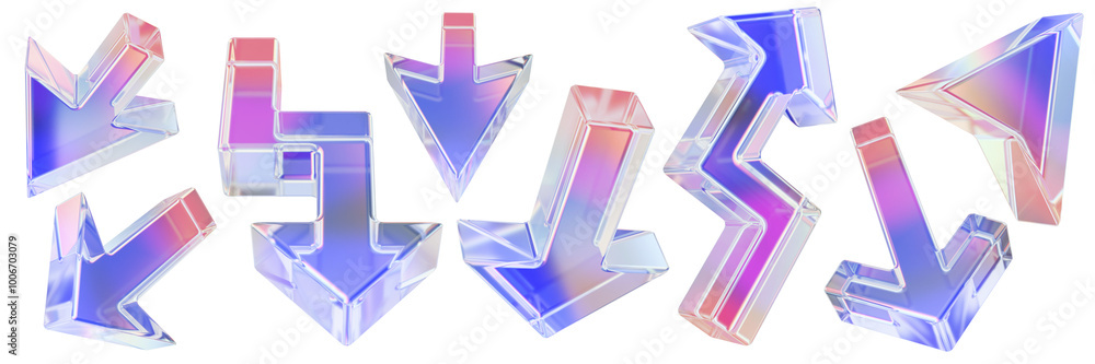 Wall mural 3d glass arrow set, purple ui cursor icon, transparent crystal y2k glossy direction emblem, pointer.