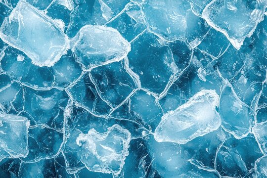 Close-up of crushed ice cubes on a blue background, showcasing texture and transparency, perfect for refreshing drink or cooling concepts.