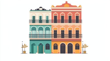 Naklejka premium Inka style simple, flat icon vary colors Hotel Acquisition Assistance: An icon of a classic hotel facade, giving a sense of the historical hotels in Iquitos, with a white background flat minimalistic,