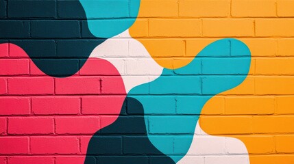 A vibrant and colorful abstract mural design on a brick wall, featuring bold shapes in pink, turquoise, yellow, and white.